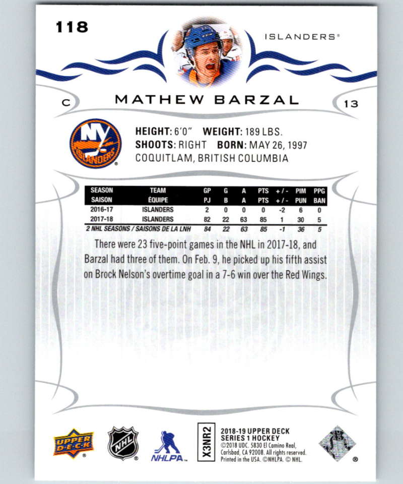 2018-19 Upper Deck #118 Mathew Barzal Mint New York Islanders Image 2