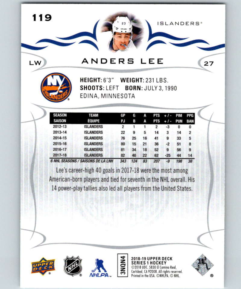 2018-19 Upper Deck #119 Anders Lee Mint New York Islanders Image 2
