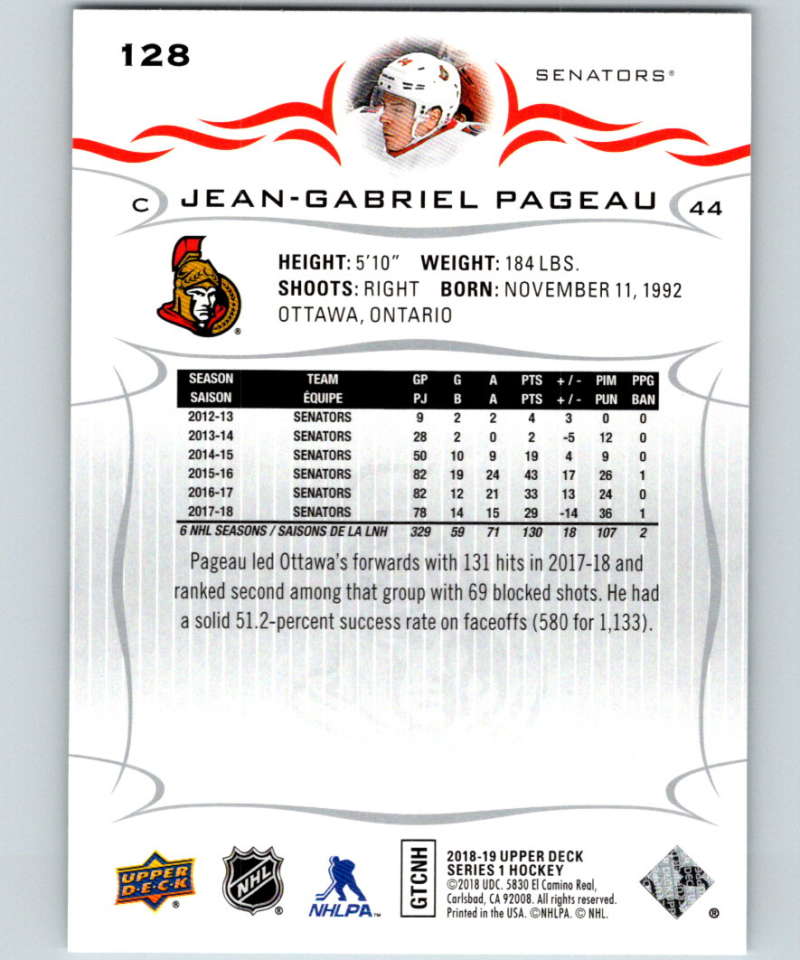 2018-19 Upper Deck #128 Jean-Gabriel Pageau Mint Ottawa Senators Image 2
