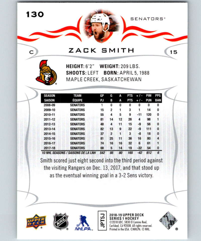 2018-19 Upper Deck #130 Zack Smith Mint Ottawa Senators