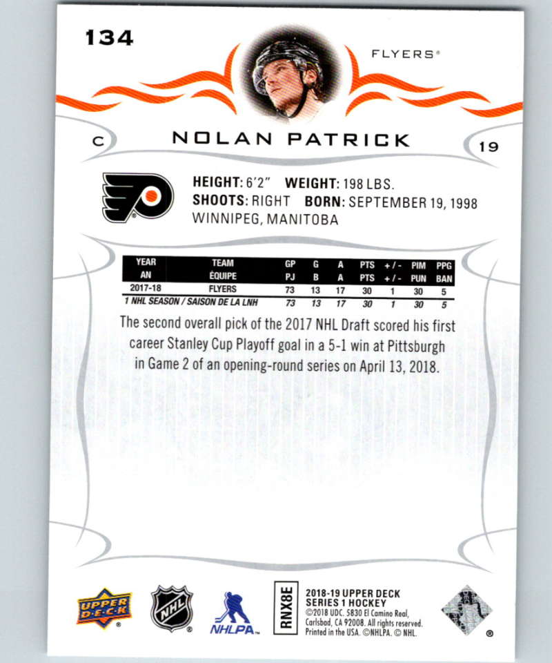 2018-19 Upper Deck #134 Nolan Patrick Mint Philadelphia Flyers Image 2