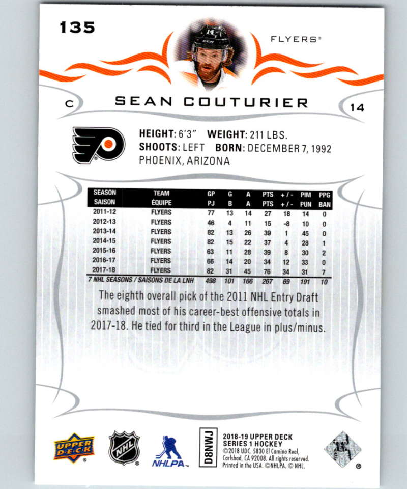 2018-19 Upper Deck #135 Sean Couturier Mint Philadelphia Flyers Image 2