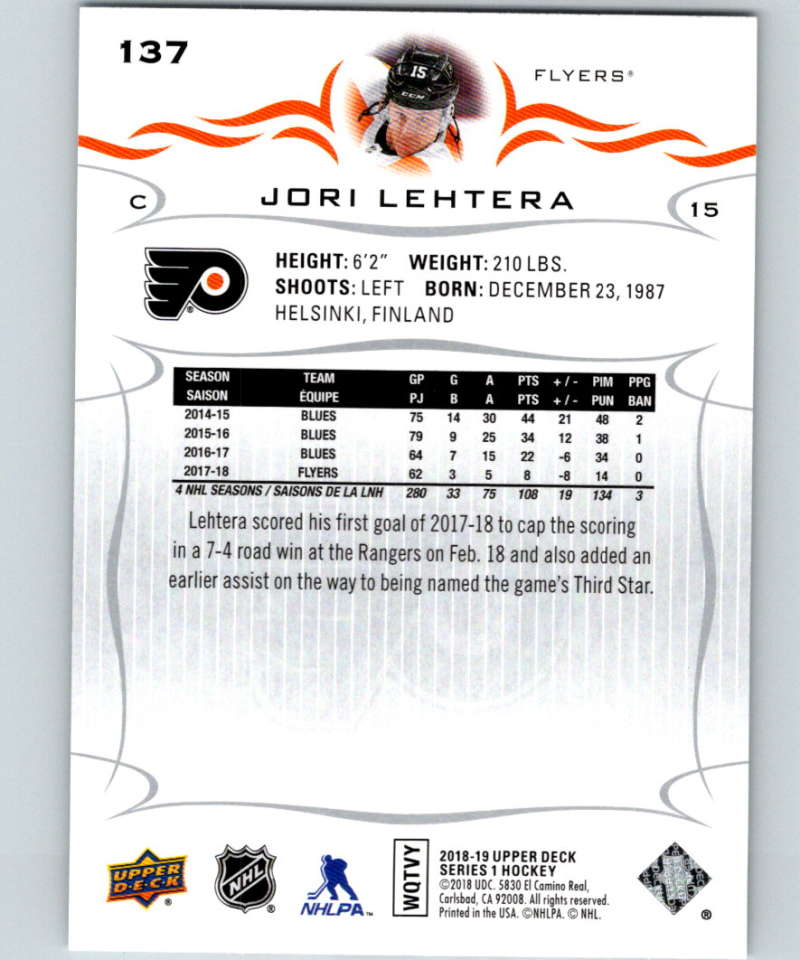 2018-19 Upper Deck #137 Jori Lehtera Mint Philadelphia Flyers Image 2