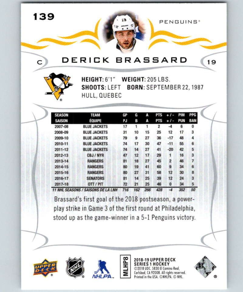 2018-19 Upper Deck #139 Derick Brassard Mint Pittsburgh Penguins Image 2