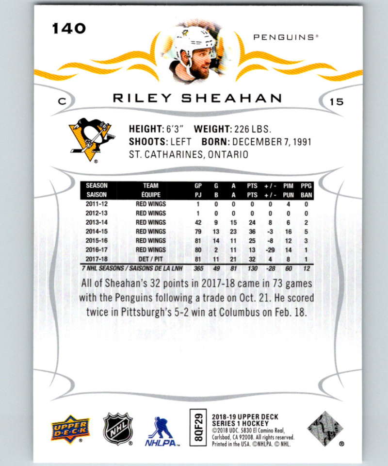 2018-19 Upper Deck #140 Riley Sheahan Mint Pittsburgh Penguins  Image 2