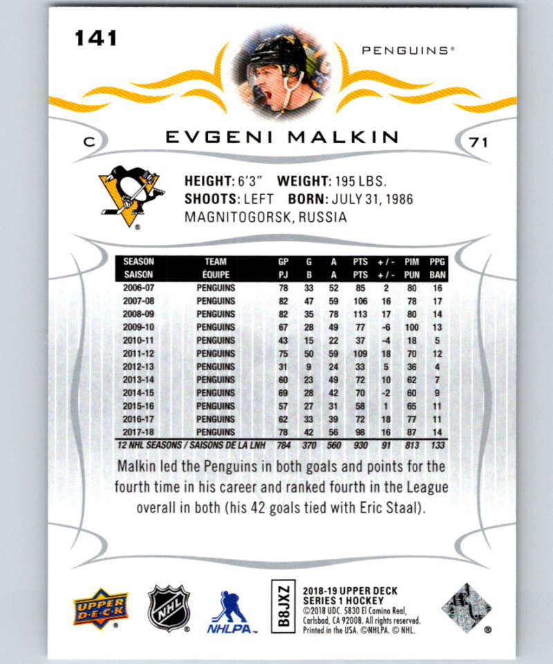 2018-19 Upper Deck #141 Evgeni Malkin Mint Pittsburgh Penguins Image 2