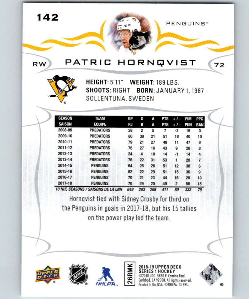 2018-19 Upper Deck #142 Patric Hornqvist Mint Pittsburgh Penguins  Image 2