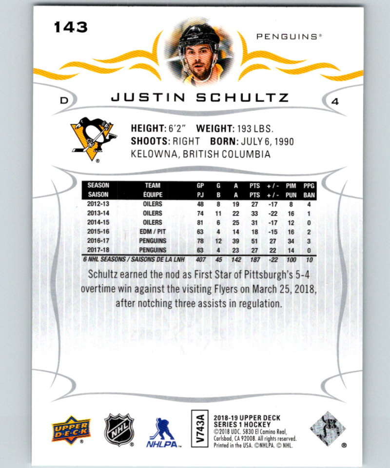 2018-19 Upper Deck #143 Justin Schultz Mint Pittsburgh Penguins