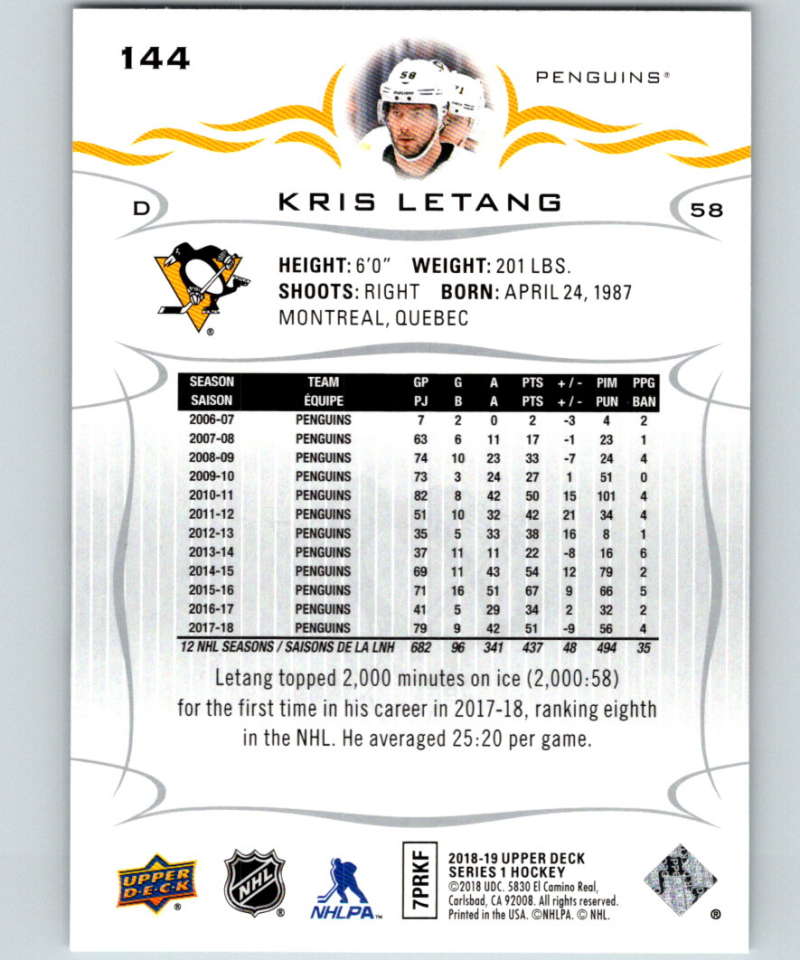 2018-19 Upper Deck #144 Kris Letang Mint Pittsburgh Penguins