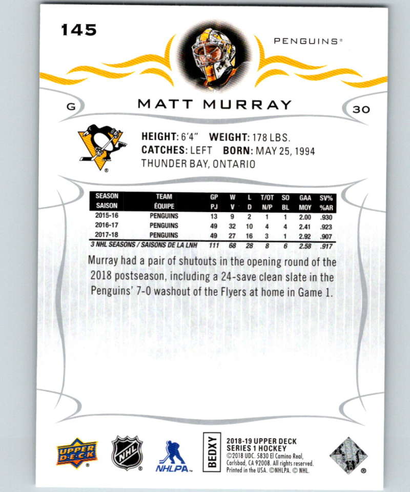 2018-19 Upper Deck #145 Matt Murray Mint Pittsburgh Penguins Image 2