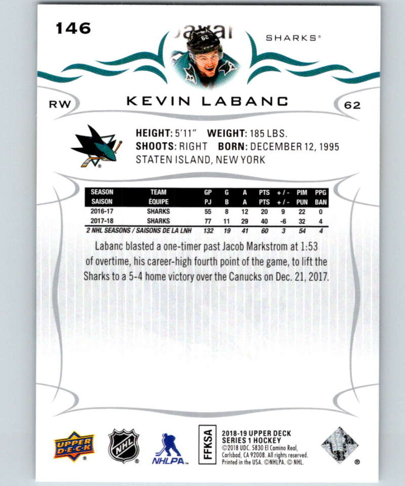 2018-19 Upper Deck #146 Kevin Labanc Mint San Jose Sharks Image 2
