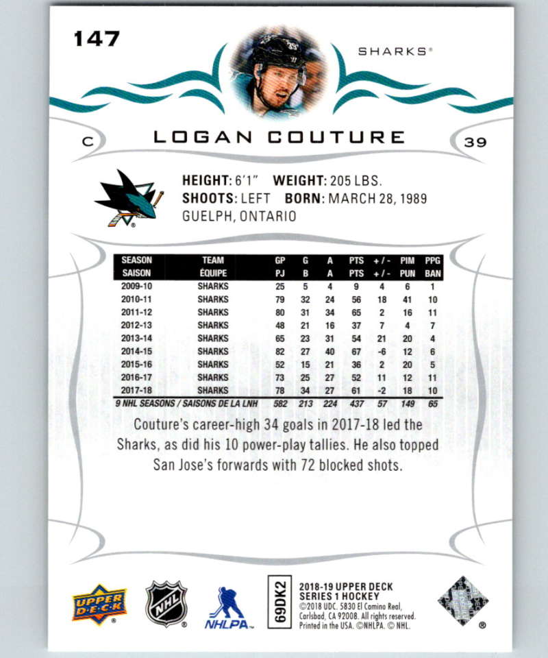 2018-19 Upper Deck #147 Logan Couture Mint San Jose Sharks Image 2
