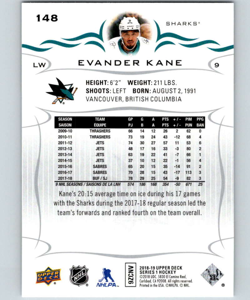 2018-19 Upper Deck #148 Evander Kane Mint San Jose Sharks Image 2