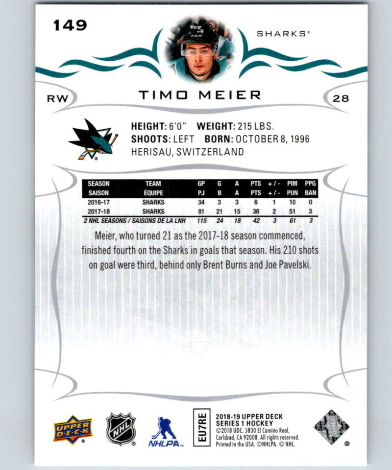 2018-19 Upper Deck #149 Timo Meier Mint San Jose Sharks