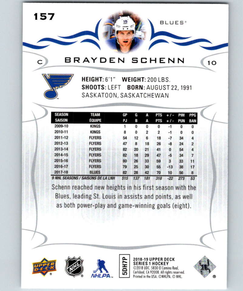2018-19 Upper Deck #157 Brayden Schenn Mint St. Louis Blues Image 2