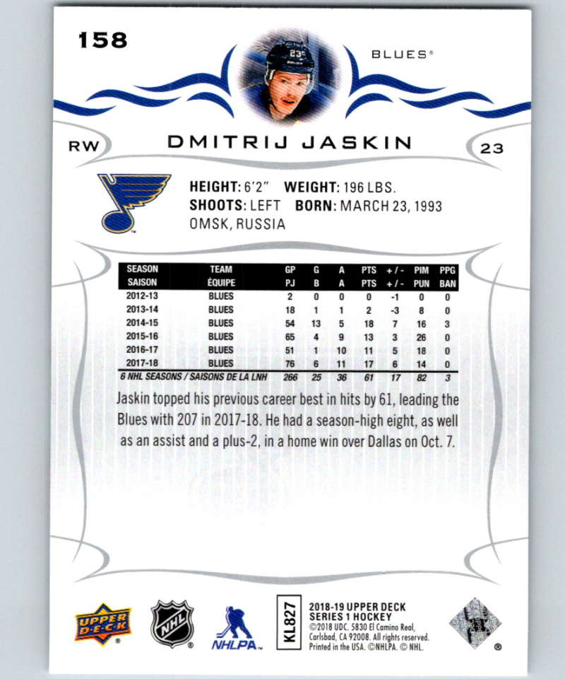 2018-19 Upper Deck #158 Dmitrij Jaskin Mint St. Louis Blues Image 2