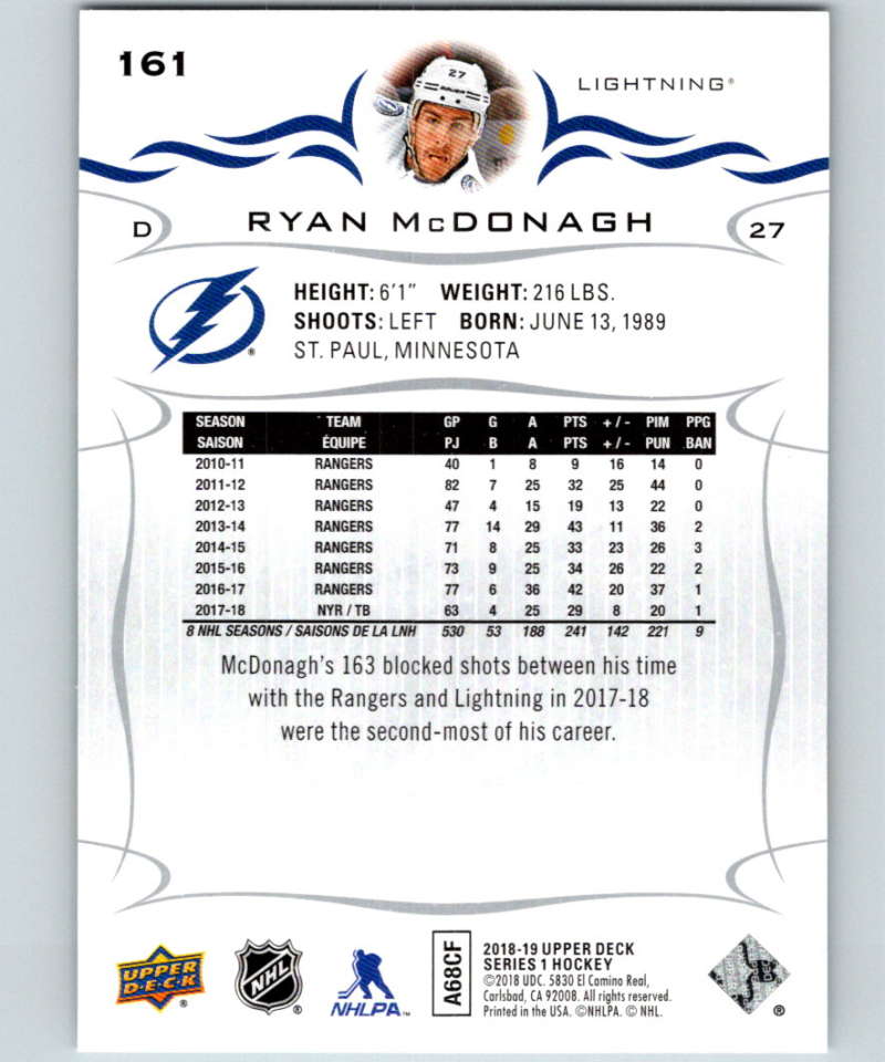 2018-19 Upper Deck #161 Ryan McDonagh Mint Tampa Bay Lightning Image 2