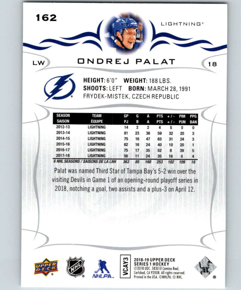 2018-19 Upper Deck #162 Ondrej Palat Mint Tampa Bay Lightning Image 2
