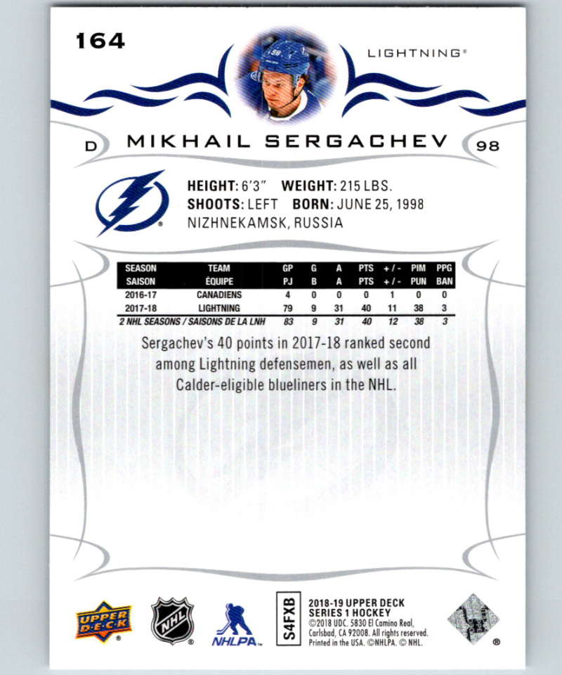 2018-19 Upper Deck #164 Mikhail Sergachev Mint Tampa Bay Lightning Image 2