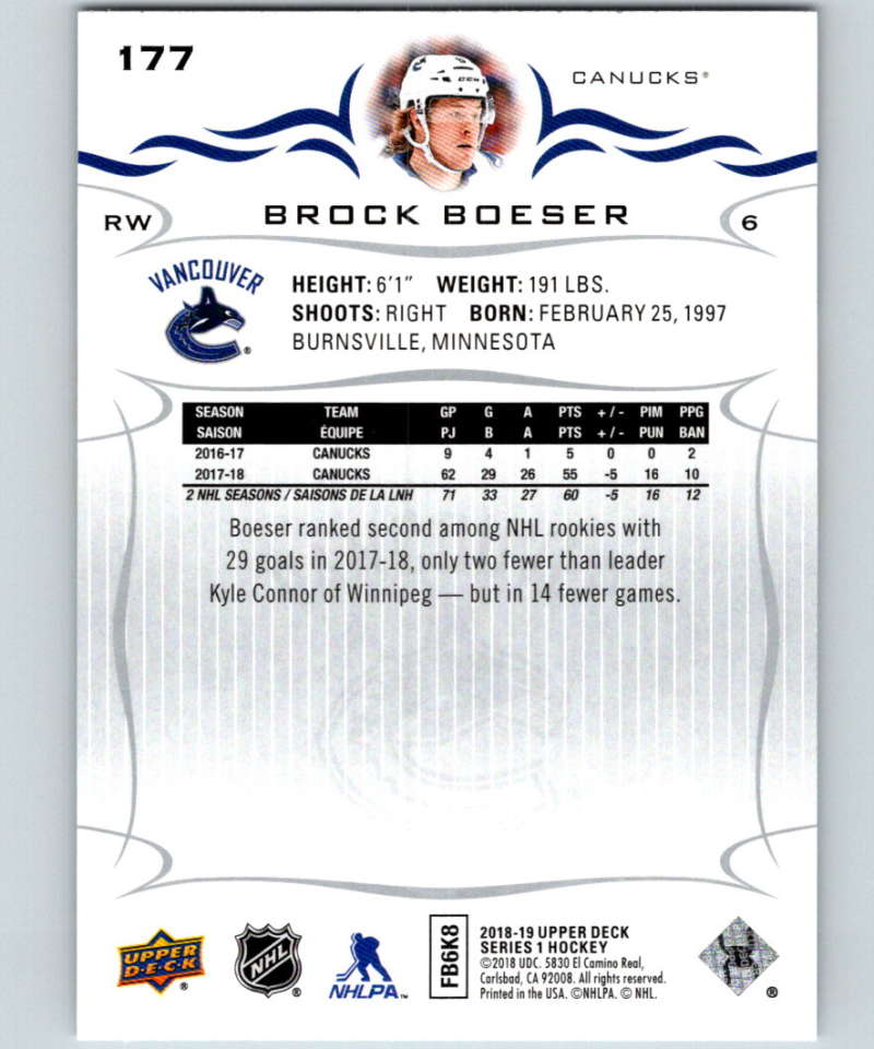 2018-19 Upper Deck #177 Brock Boeser Mint Vancouver Canucks  Image 2