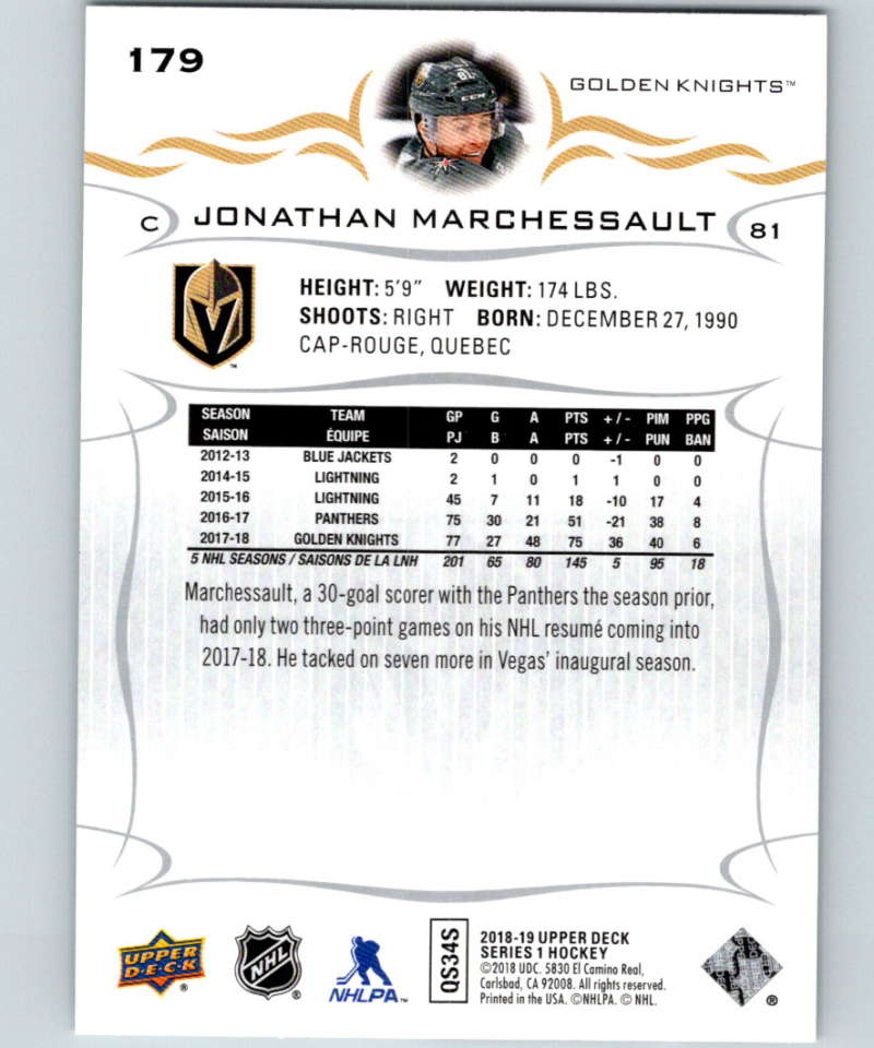 2018-19 Upper Deck #179 Jonathan Marchessault Mint Vegas Golden Knights Image 2