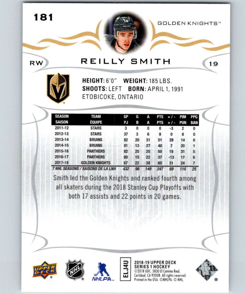 2018-19 Upper Deck #181 Reilly Smith Mint Vegas Golden Knights Image 2