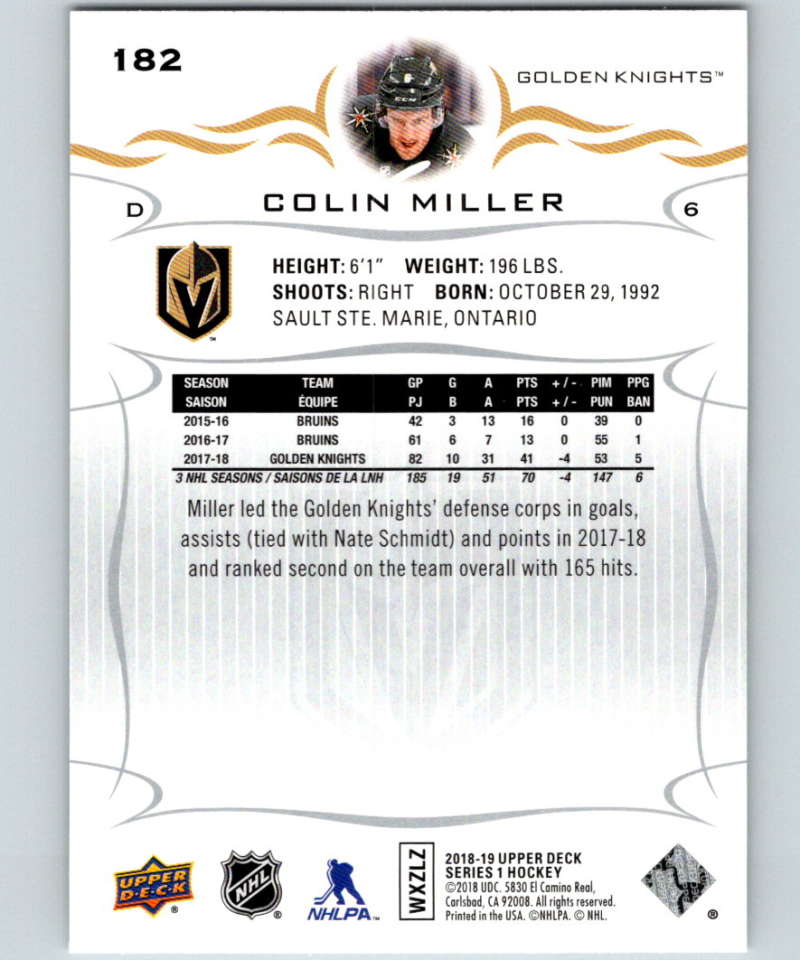 2018-19 Upper Deck #182 Colin Miller Mint Vegas Golden Knights Image 2