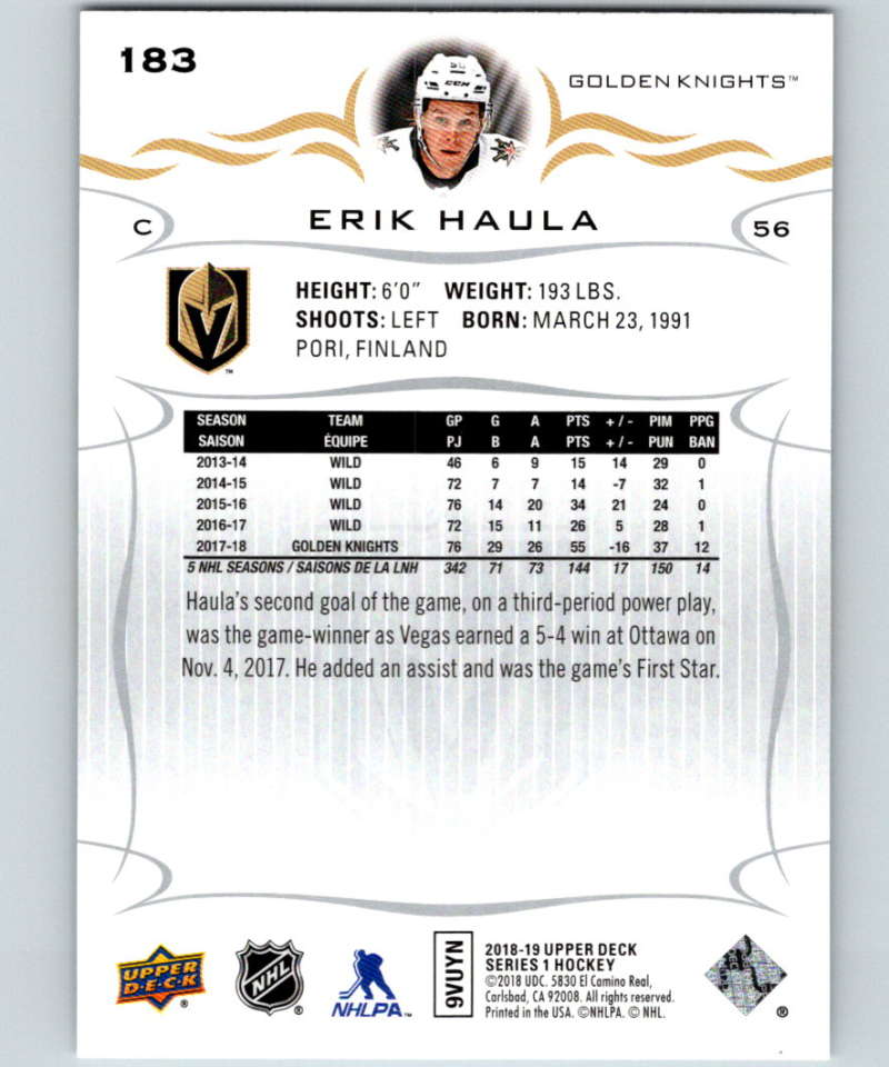 2018-19 Upper Deck #183 Erik Haula Mint Vegas Golden Knights