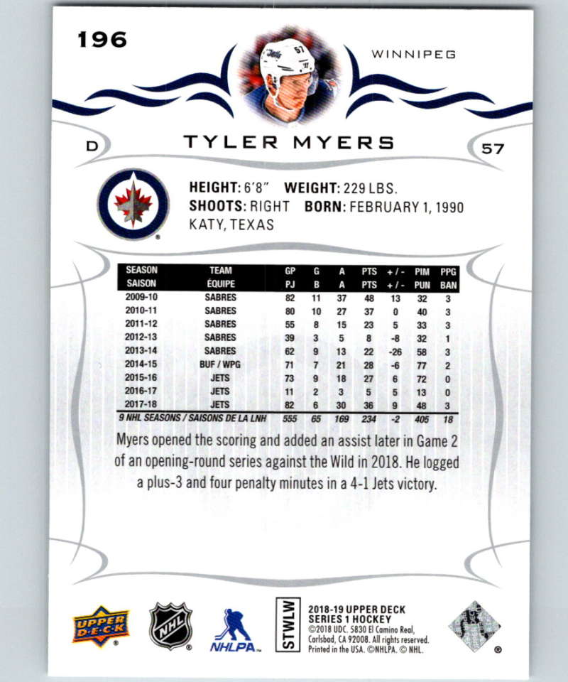 2018-19 Upper Deck #196 Tyler Myers Mint Winnipeg Jets Image 2