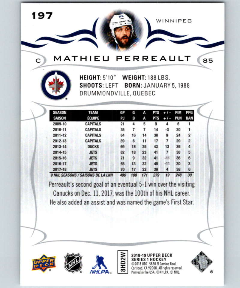 2018-19 Upper Deck #197 Mathieu Perreault Mint Winnipeg Jets