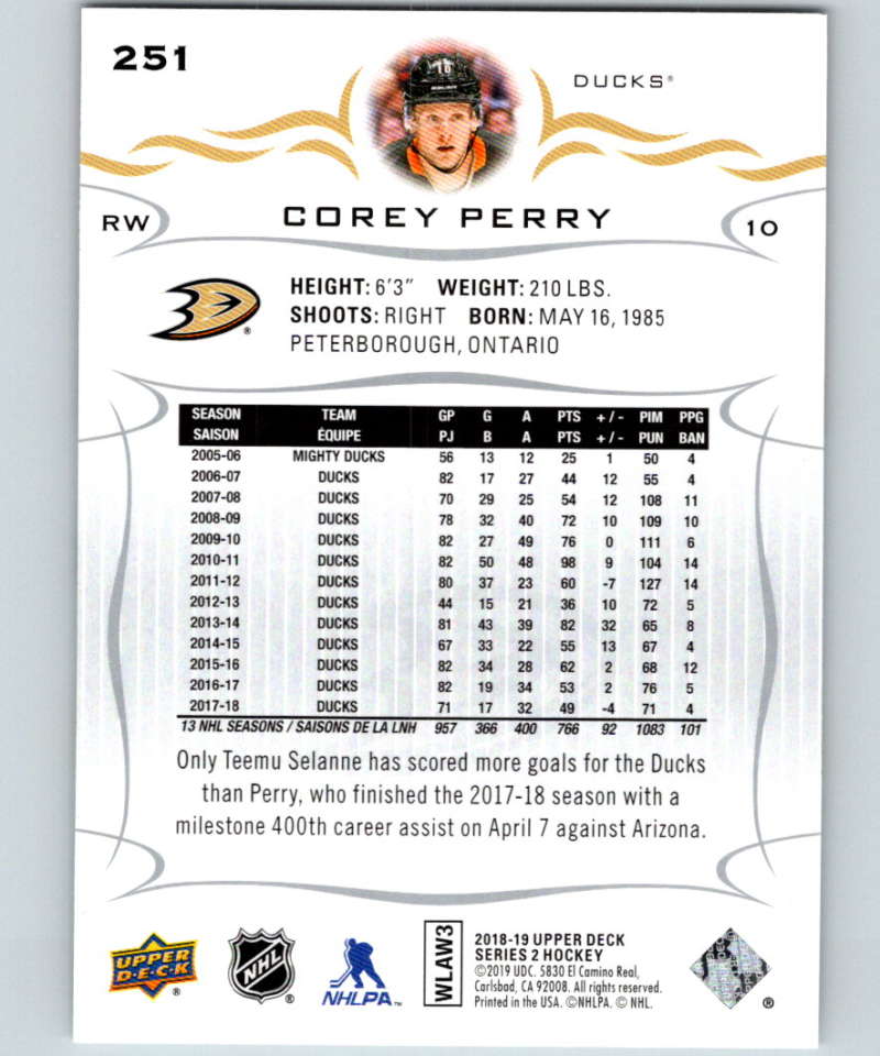 2018-19 Upper Deck #251 Corey Perry Mint Anaheim Ducks Image 2