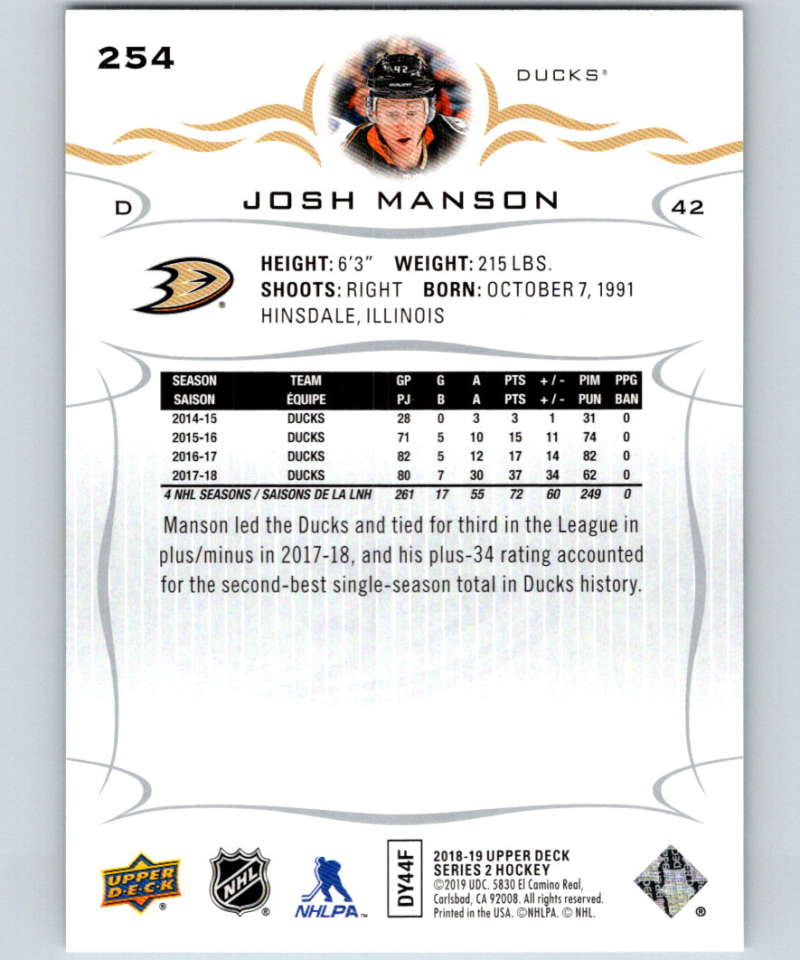 2018-19 Upper Deck #254 Josh Manson Mint Anaheim Ducks Image 2
