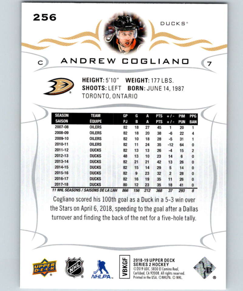 2018-19 Upper Deck #256 Andrew Cogliano Mint Anaheim Ducks Image 2