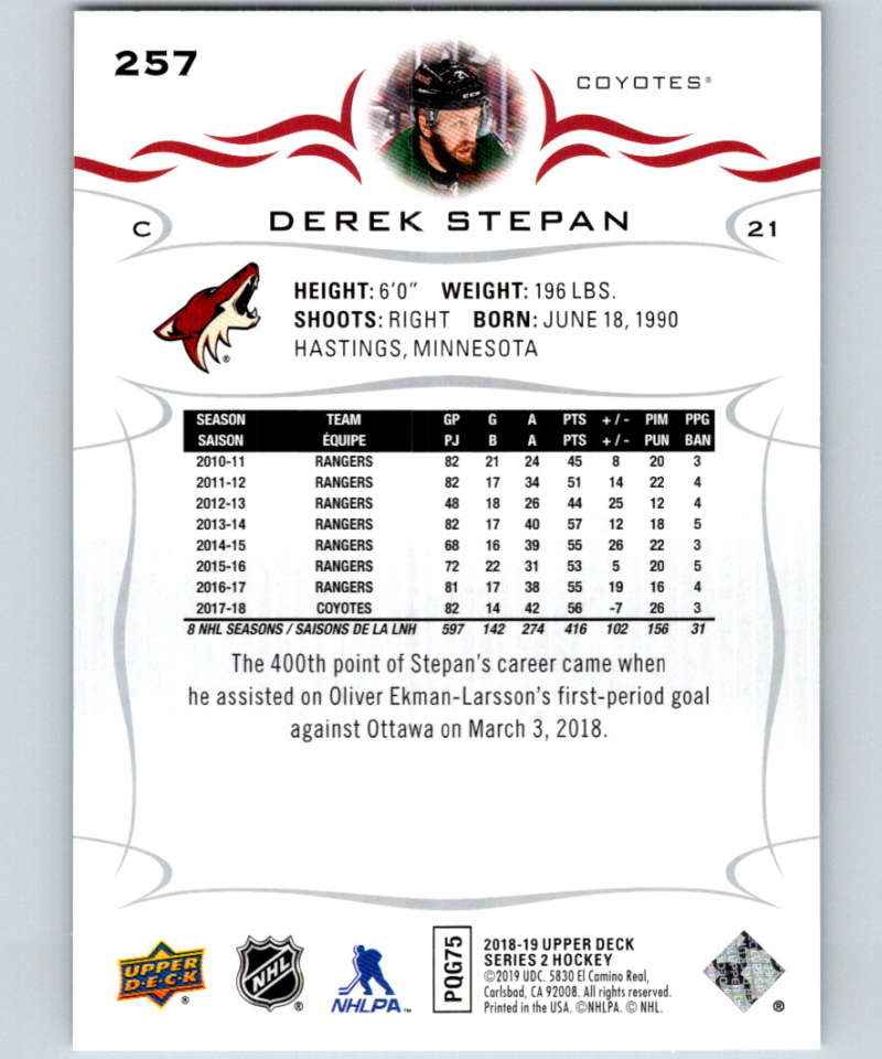 2018-19 Upper Deck #257 Derek Stepan Mint Arizona Coyotes Image 2