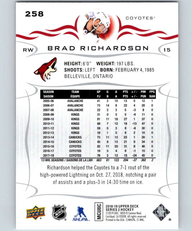 2018-19 Upper Deck #258 Brad Richardson Mint Arizona Coyotes