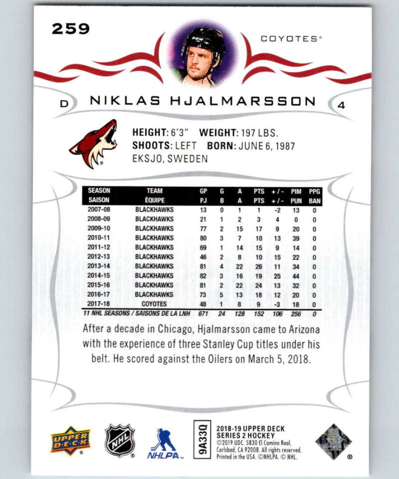 2018-19 Upper Deck #259 Niklas Hjalmarsson Mint Arizona Coyotes Image 2