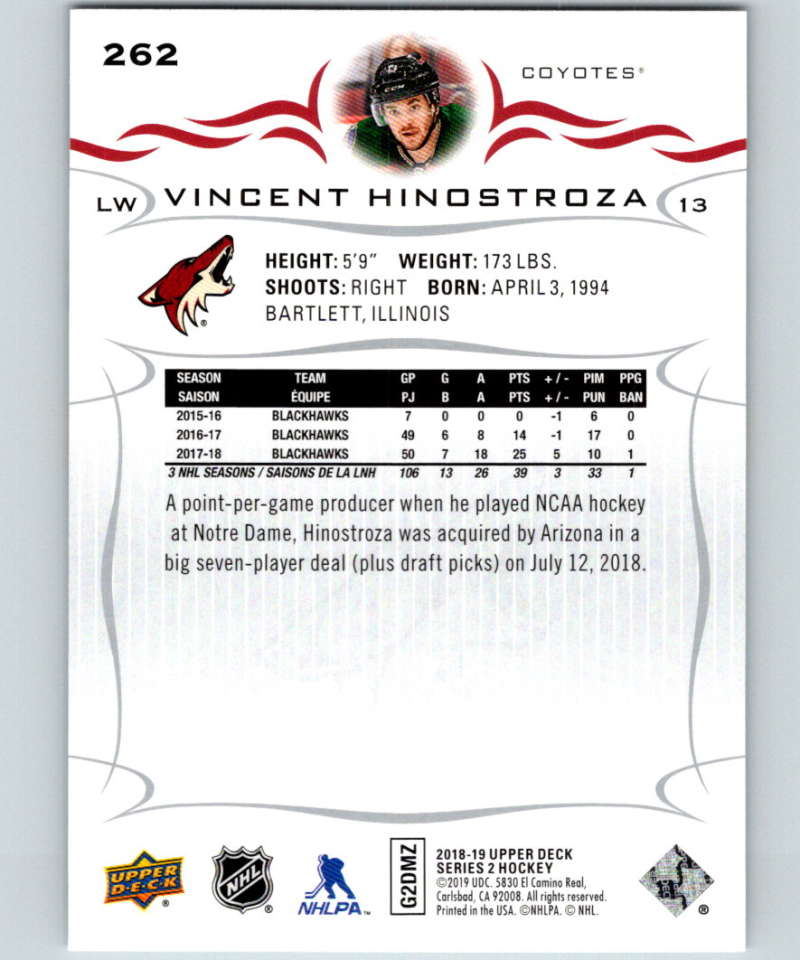 2018-19 Upper Deck #262 Vincent Hinostroza Mint Arizona Coyotes Image 2