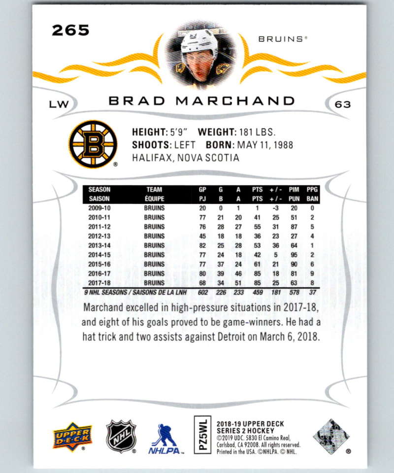 2018-19 Upper Deck #265 Brad Marchand Mint Boston Bruins