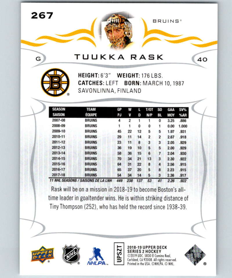 2018-19 Upper Deck #267 Tuukka Rask Mint Boston Bruins