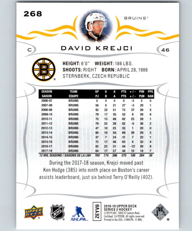 2018-19 Upper Deck #268 David Krejci Mint Boston Bruins Image 2