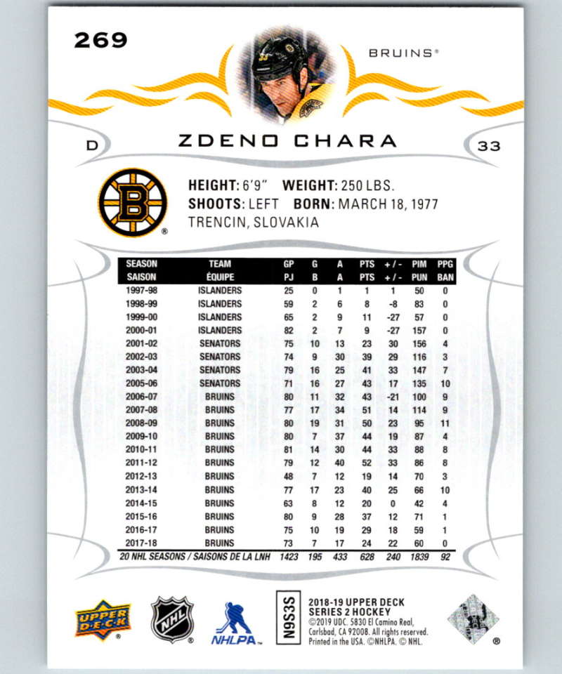2018-19 Upper Deck #269 Zdeno Chara Mint Boston Bruins Image 2
