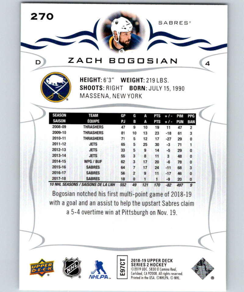 2018-19 Upper Deck #270 Zach Bogosian Mint Buffalo Sabres Image 2