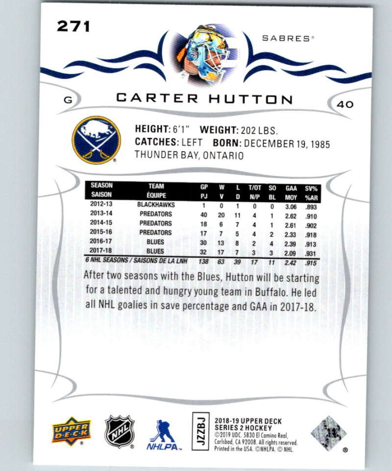 2018-19 Upper Deck #271 Carter Hutton Mint Buffalo Sabres Image 2