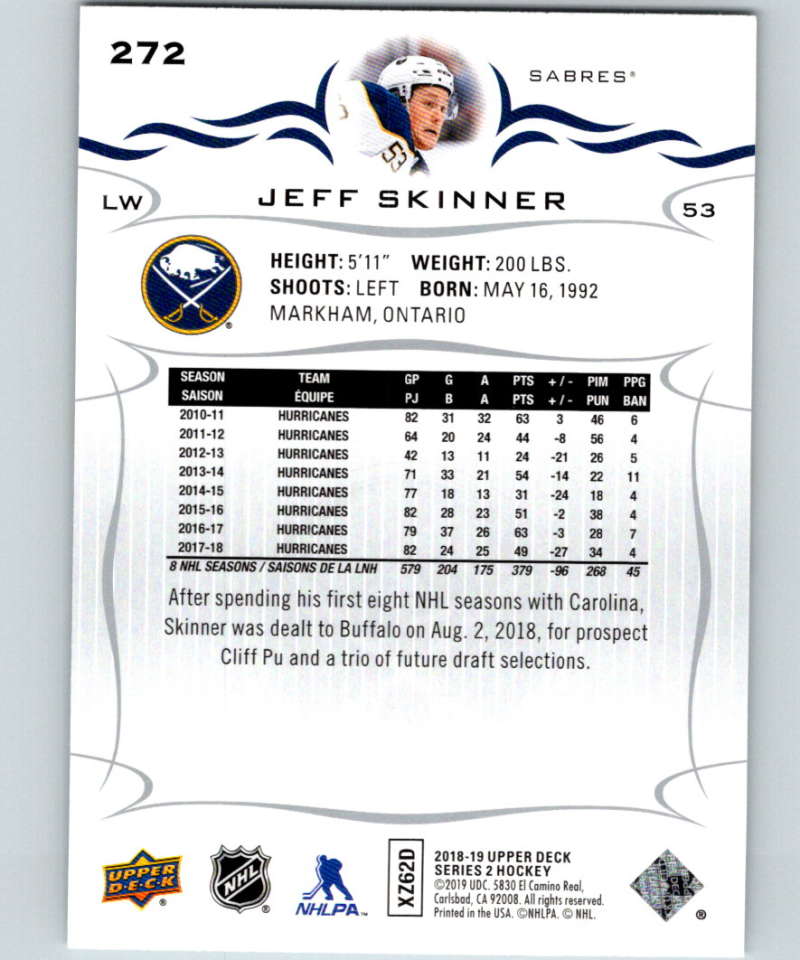2018-19 Upper Deck #272 Jeff Skinner Mint Buffalo Sabres Image 2