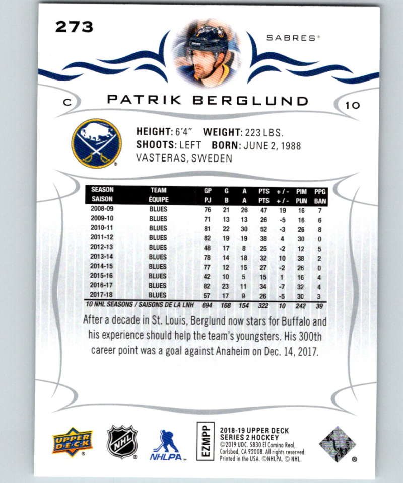 2018-19 Upper Deck #273 Patrik Berglund Mint Buffalo Sabres