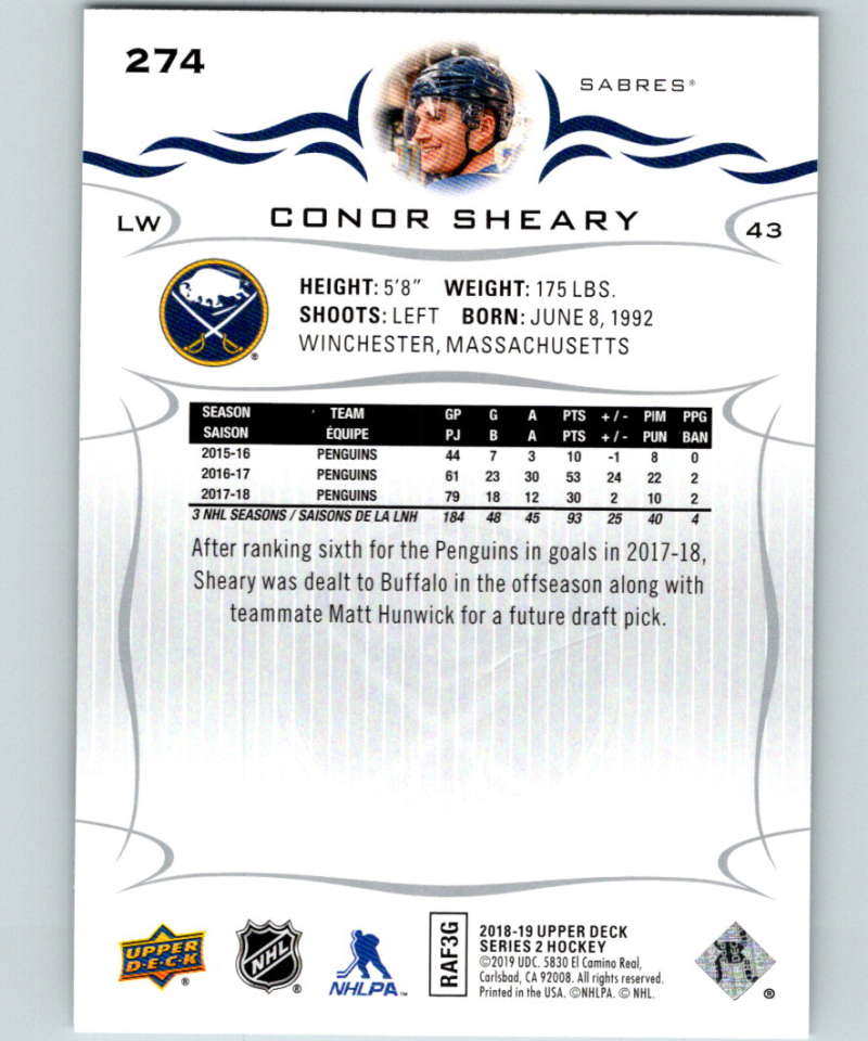 2018-19 Upper Deck #274 Conor Sheary Mint Buffalo Sabres