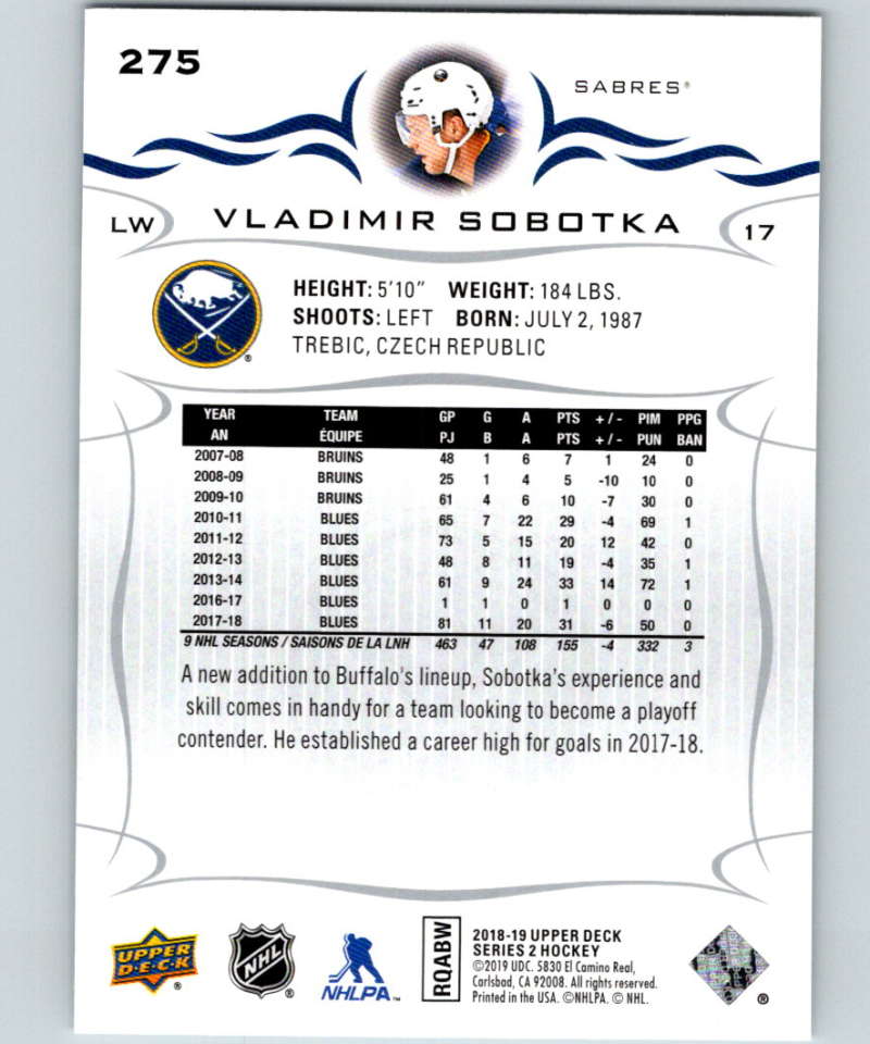 2018-19 Upper Deck #275 Vladimir Sobotka Mint Buffalo Sabres Image 2