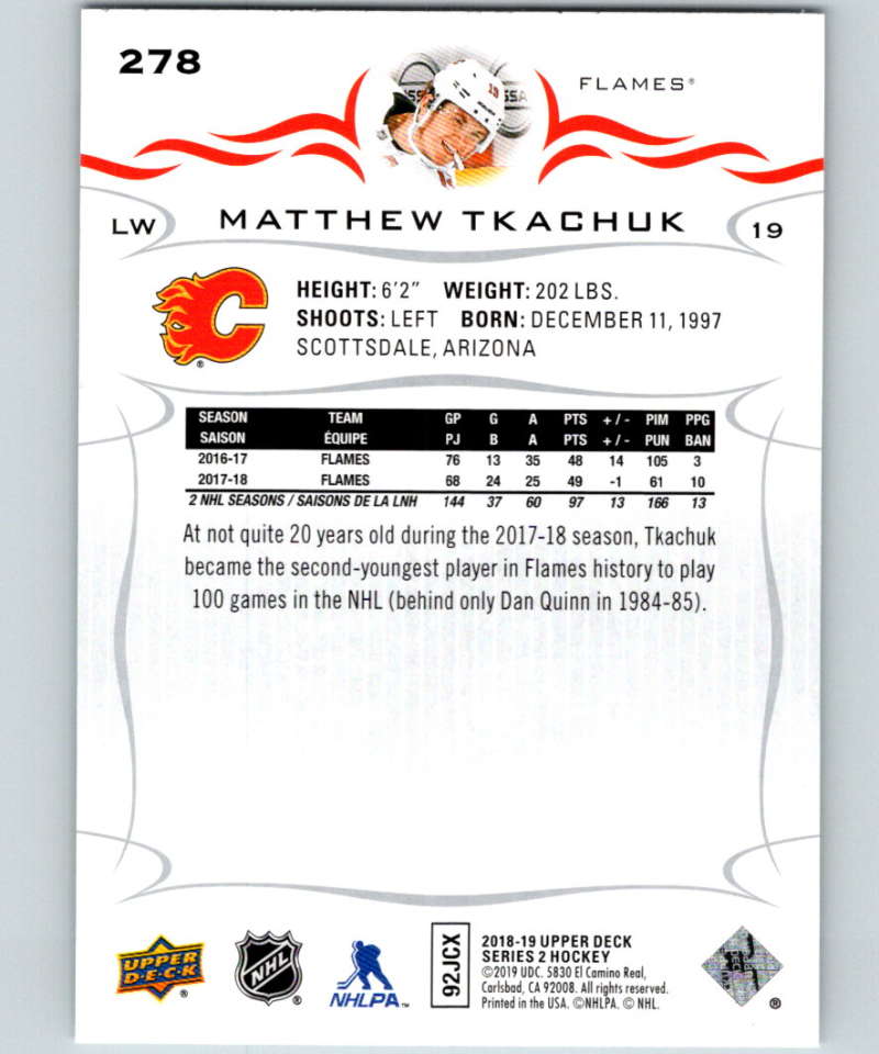 2018-19 Upper Deck #278 Matthew Tkachuk Mint Calgary Flames Image 2