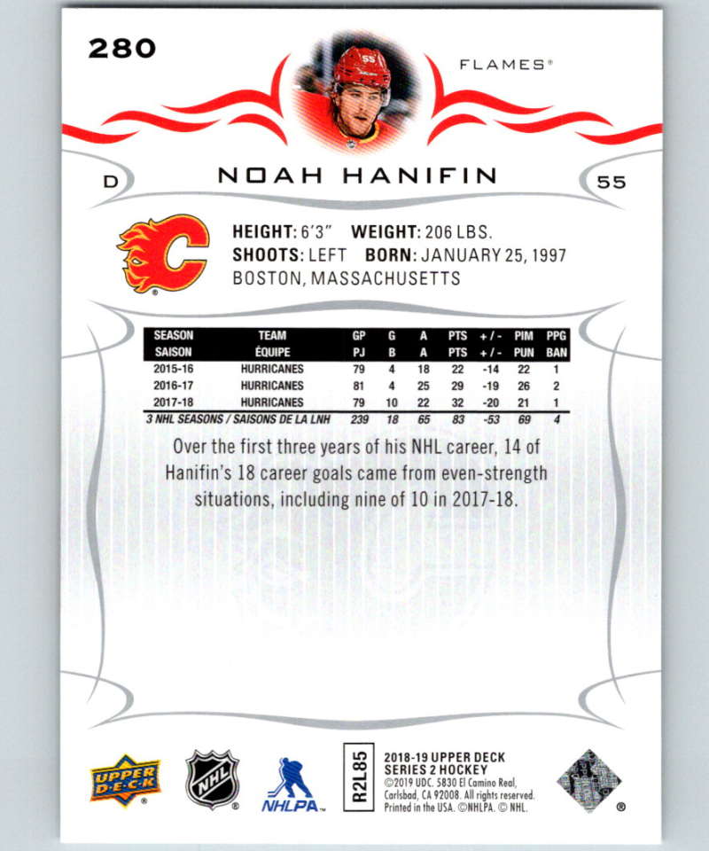 2018-19 Upper Deck #280 Noah Hanifin Mint Calgary Flames Image 2