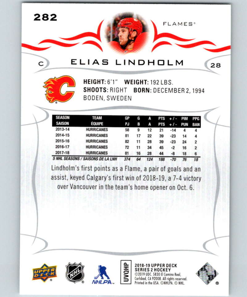 2018-19 Upper Deck #282 Elias Lindholm Mint Calgary Flames Image 2